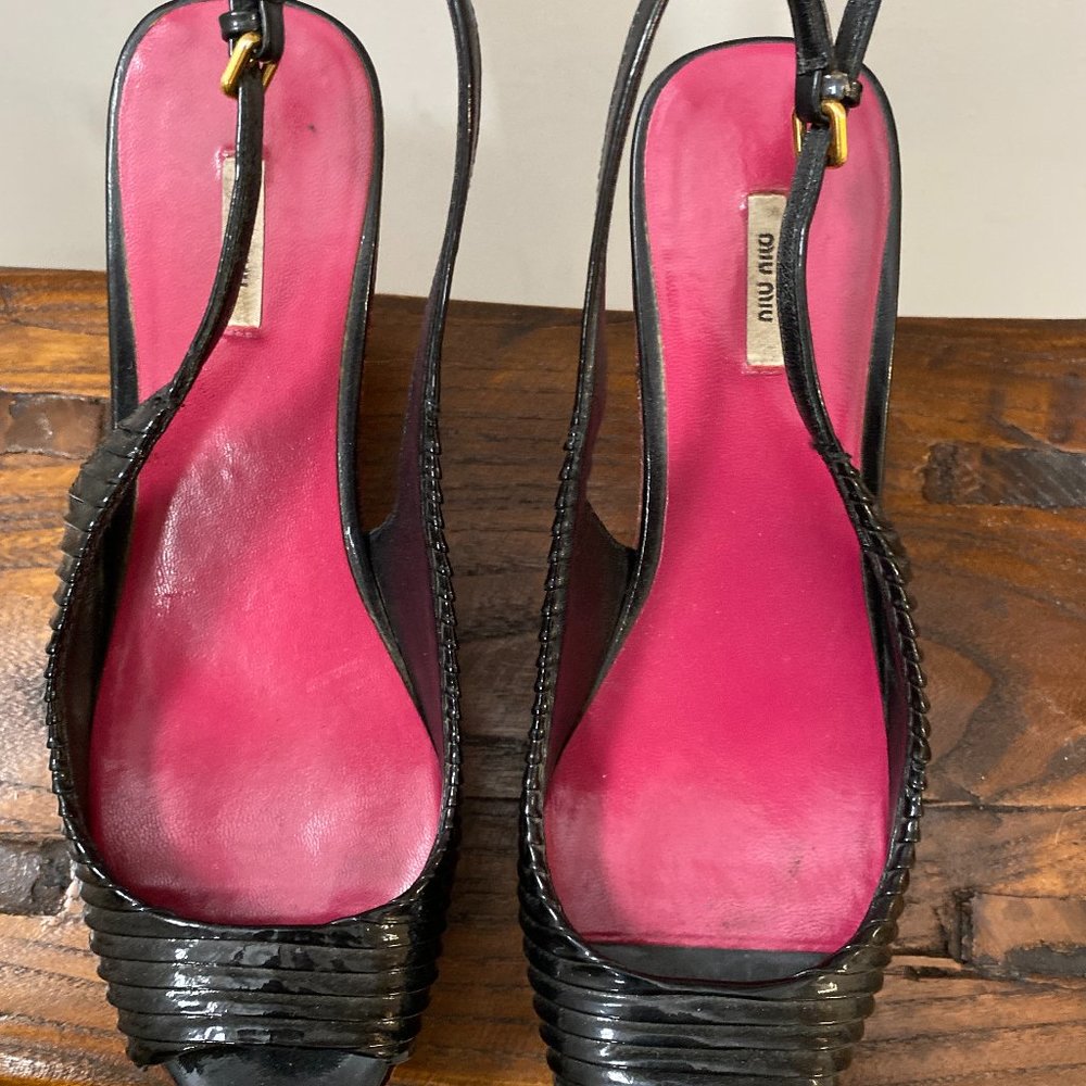 Miu Miu Black Patent Cork Slingbacks Sz 36.5